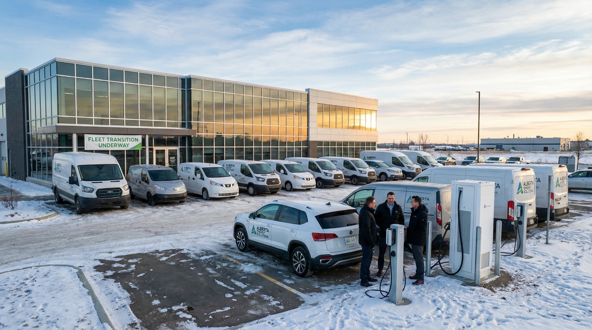 Fleet of white commercial vans at an Alberta business facility with EV charging stations in winter