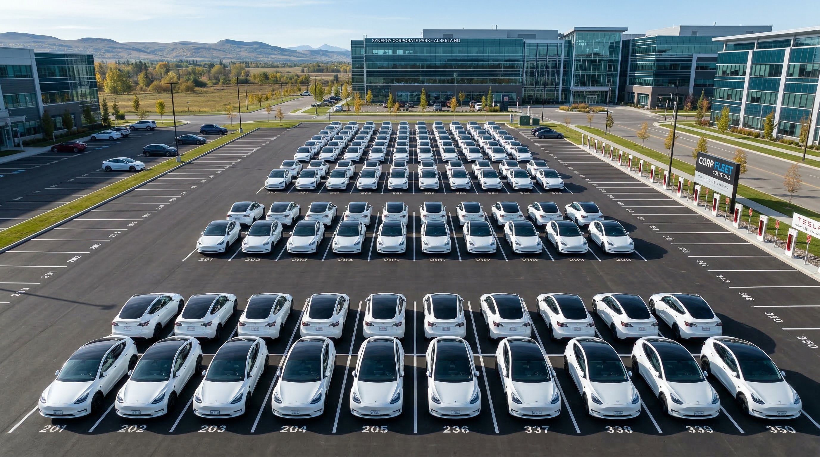 Corporate electric vehicle fleet in an Alberta corporate parking lot