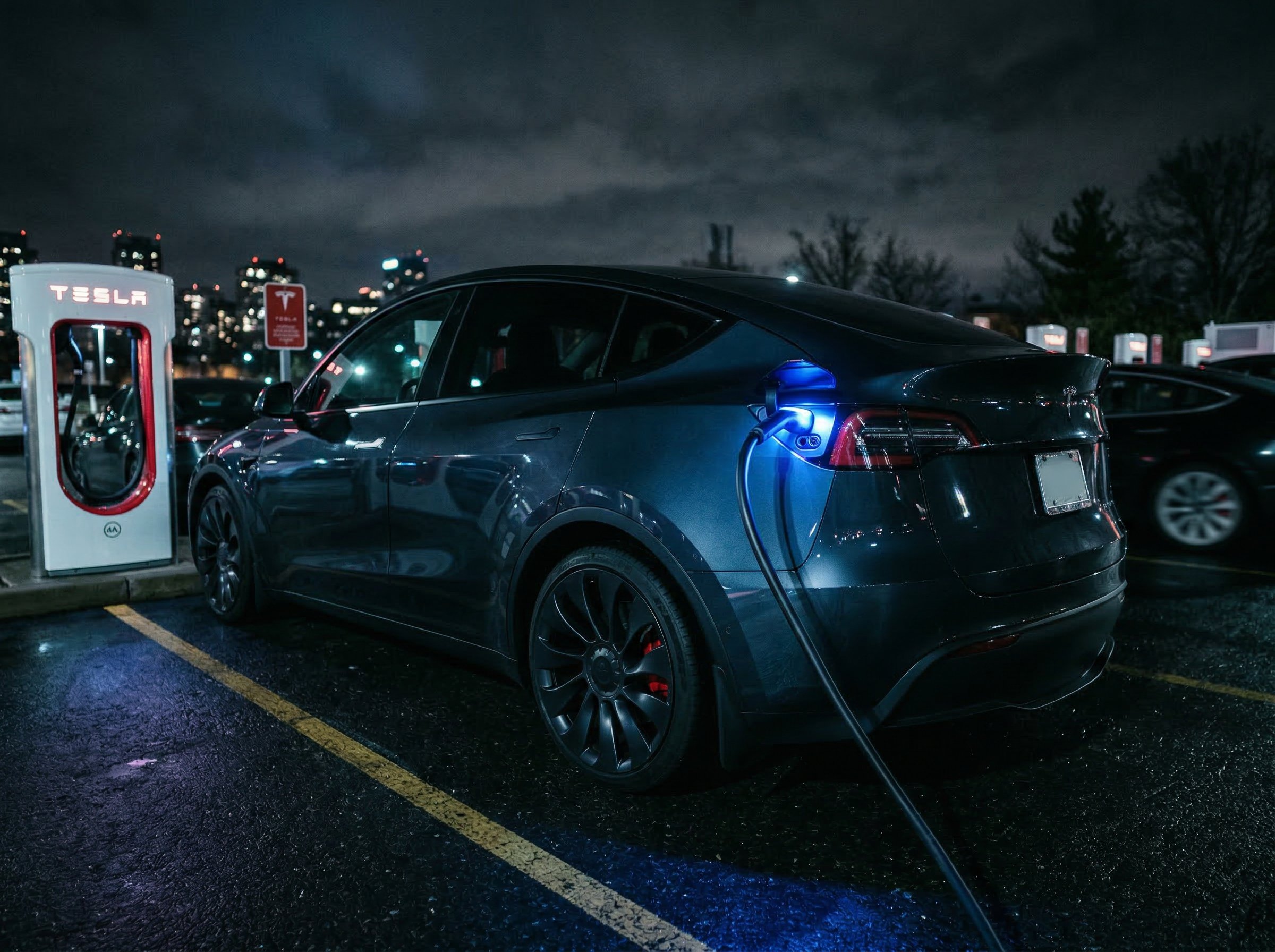 Tesla charging at night