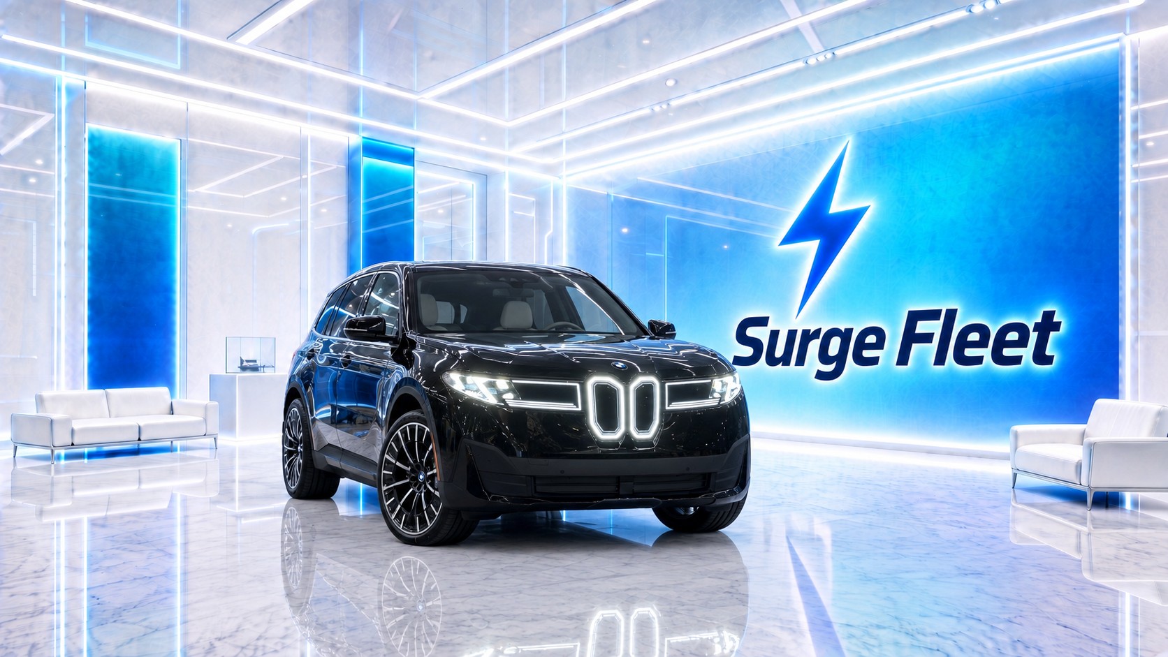 2027 BMW iX3 50 xDrive — black, all-electric luxury SUV, Surge Fleet showroom
