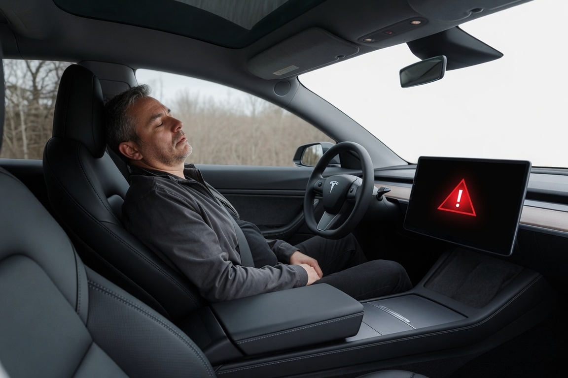 Driver asleep at the wheel of a Tesla with a red warning on screen